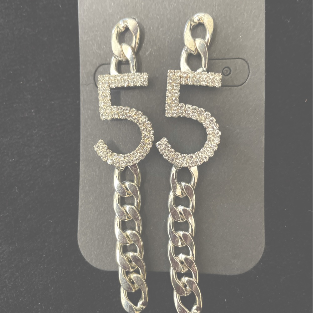 Silver chain and rhinestone #5 earrings